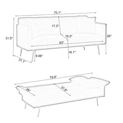 70.1 Inches Futon Sofa Bed, Convertible Double Sofa Bed With Folding Armrests For Living Rooms And Small Spaces