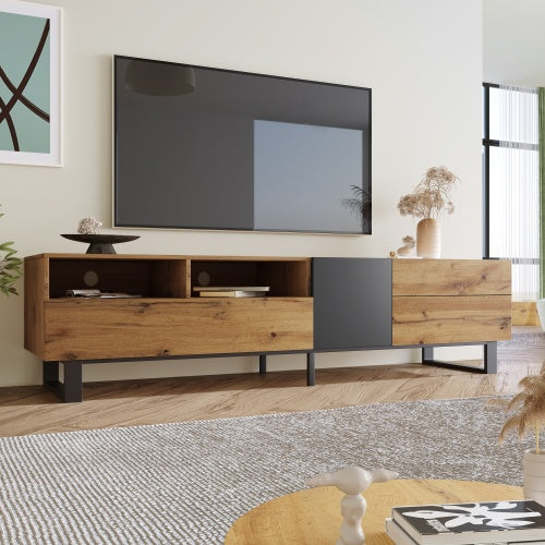 Modern TV Stand For 80'' TV With Double Storage Space, Media Console Table, Entertainment Center With Drop Down Door For Living Room