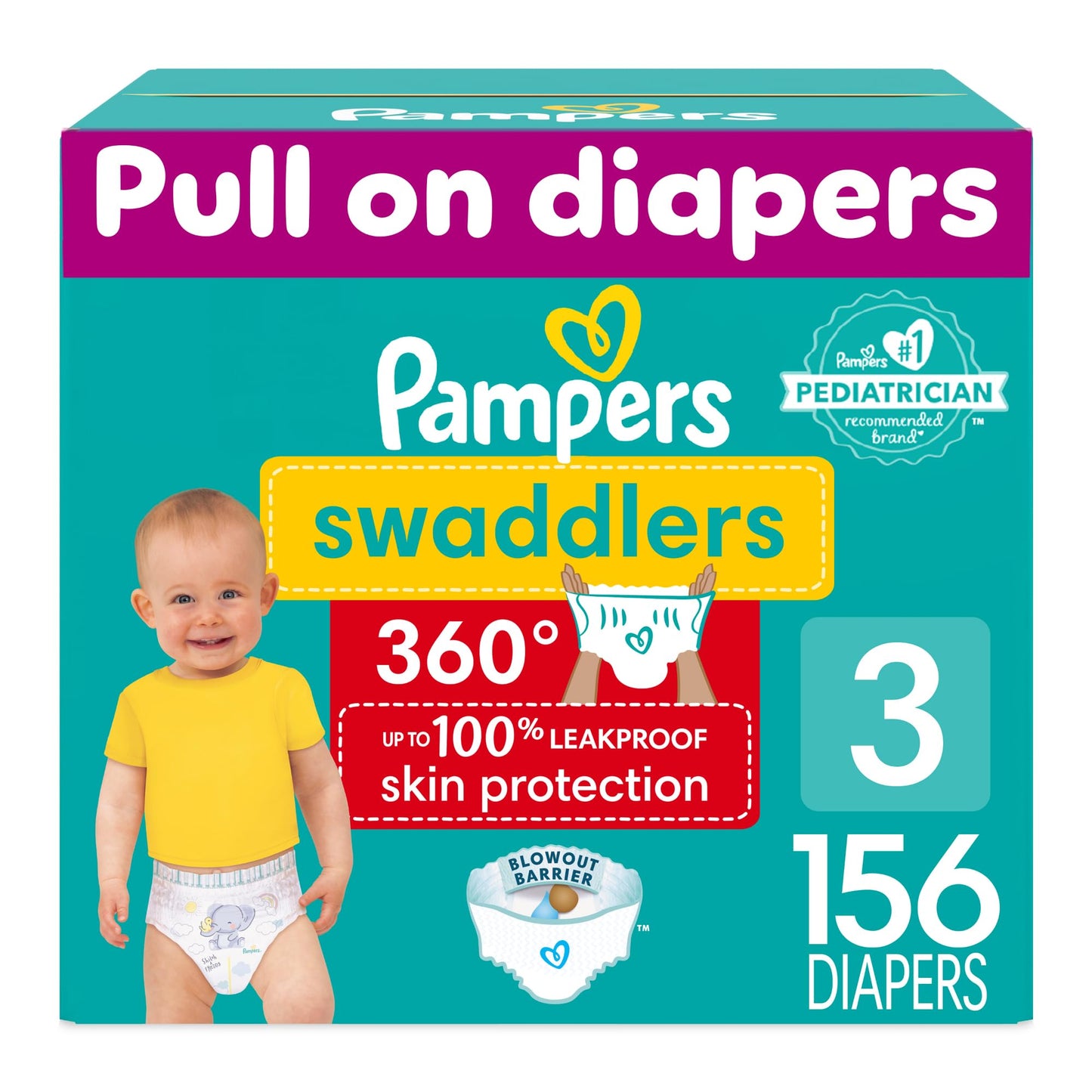 Pampers Swaddlers 360 Pull-On Diapers, Size 3, 156 Count, One Month Supply, for up to 100% Leakproof Skin Protection and Easy Changes