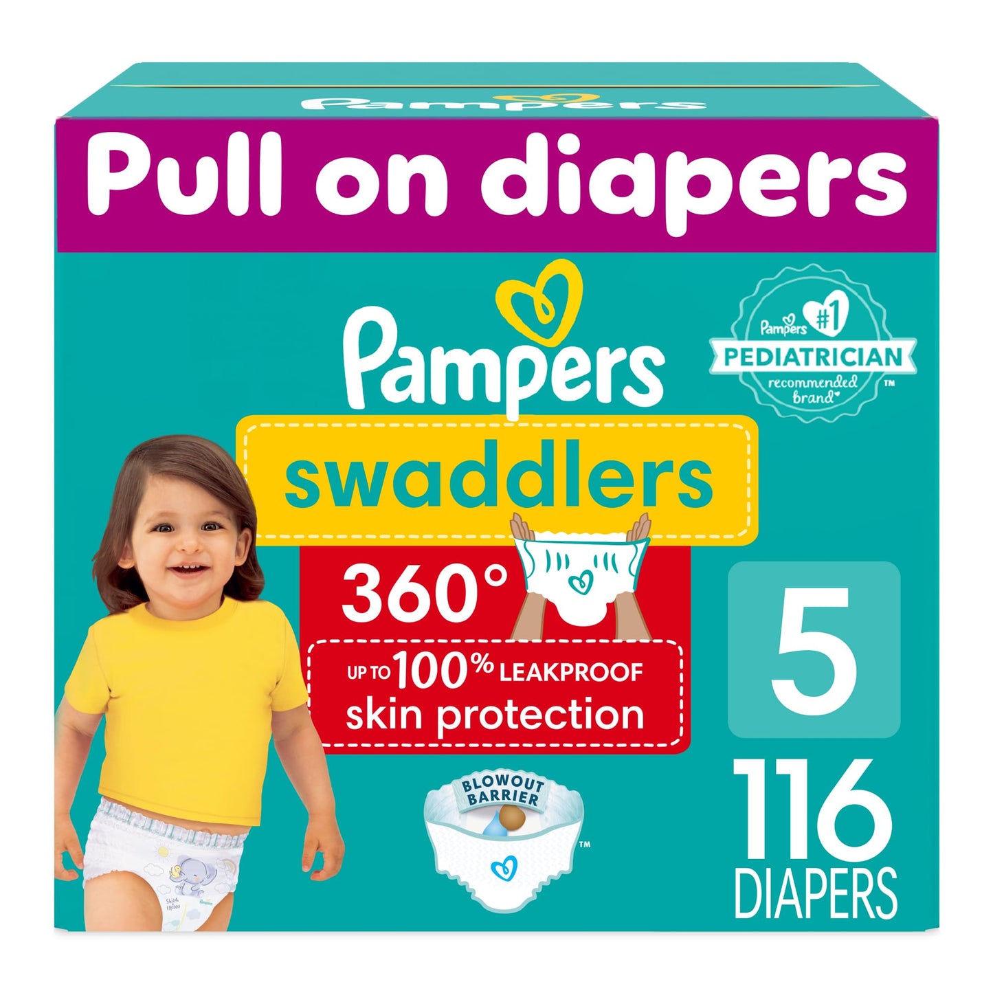 Pampers Swaddlers 360 Pull-On Diapers, Size 3, 156 Count, One Month Supply, for up to 100% Leakproof Skin Protection and Easy Changes