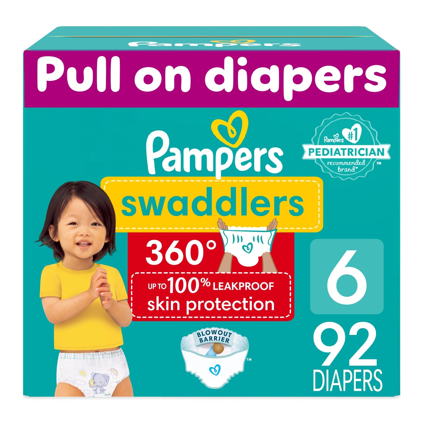 Pampers Swaddlers 360 Pull-On Diapers, Size 3, 156 Count, One Month Supply, for up to 100% Leakproof Skin Protection and Easy Changes