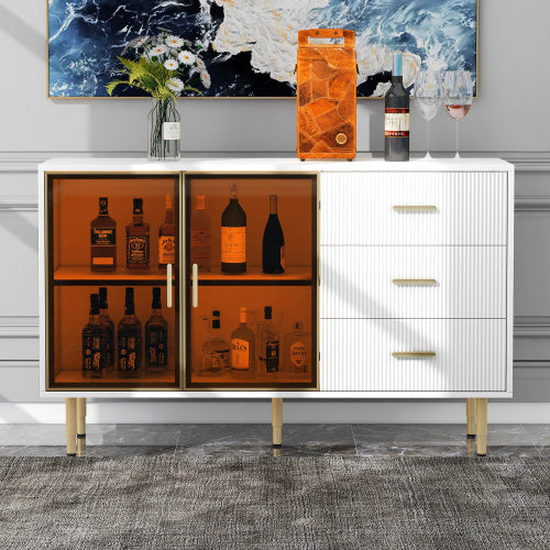 Modern Sideboard, Buffet Cabinet With Marble Sticker Top And Amber Tempered Glass Door With Gold Metal Legs And Handles