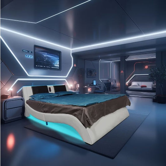 Faux Leather Upholstered Platform Bed Frame With LED Lighting, Bluetooth Connection To Play Music Control, Backrest Vibrating Massage Table Frame